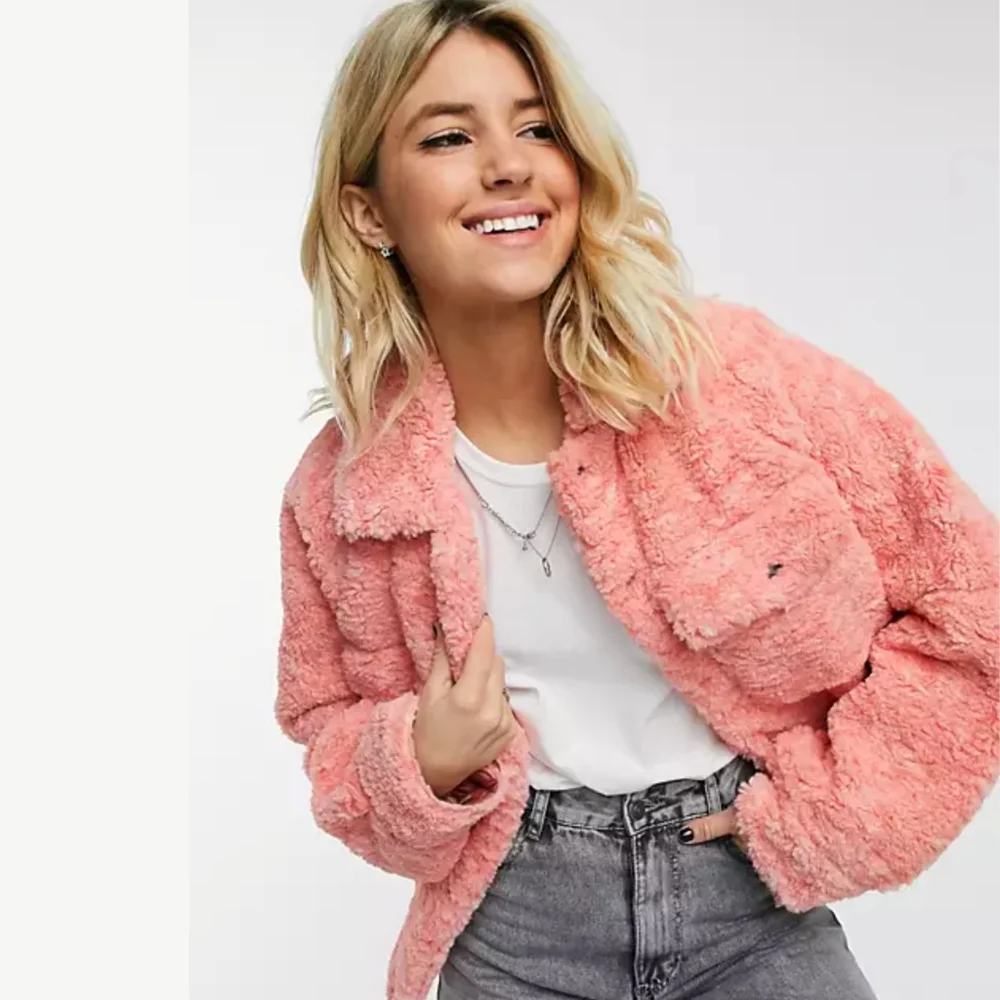 Free People Teddy Faux Fur Swing Cozy Jacket Melon Pink Coral sz XS - Picture 7 of 11